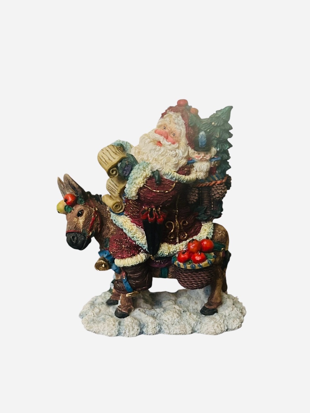 Santa Claus in a textured red coat with white trim, riding a small donkey VTG